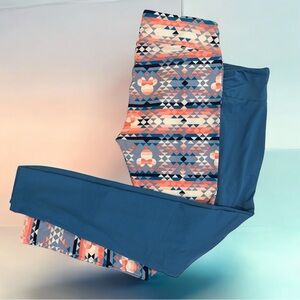 LULAROE Women’s Disney Leggings Minnie Mouse Aztec Print & Solid Blue TWO PAIR!